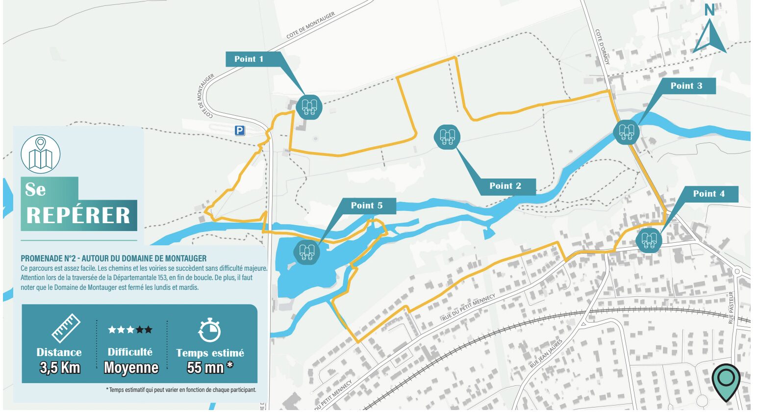 Distance : 3,5 Km
Difficulté : Moyenne
Temps estimé :  55 mn *

* Temps estimatif qui peut varier en fonction de chaque participant.