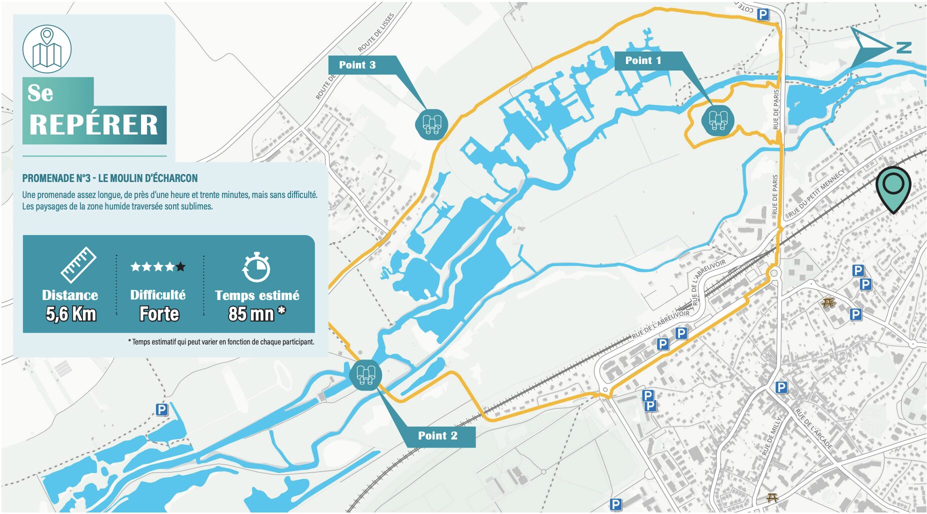 Distance : 5,6 Km
Difficulté : Forte
Temps estimé : 85 mn *

* Temps estimatif qui peut varier en fonction de chaque participant.